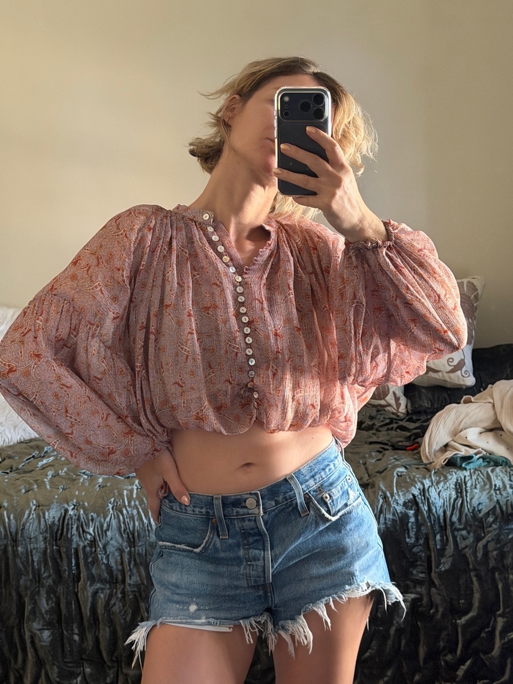 Zara Dusty Rose Paisley Button-Front Peasant Blouse